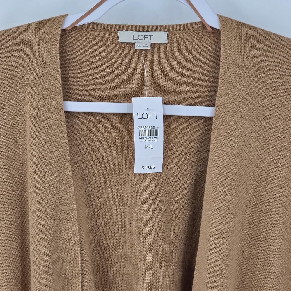 LOFT Sweater Womens M/L Beige Knit Belted Open Front Short Sleeve Cardigan Camel - Picture 3 of 7